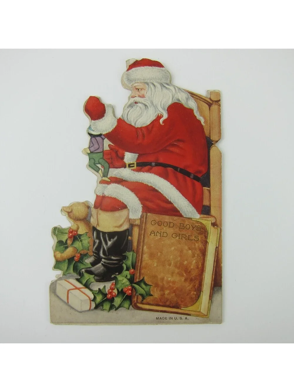 Antique Christmas Card Booklet Story Die-cut Santa Toys Rocking Horse Teddy Bear